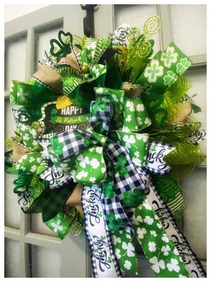 24 Inch Green Deco Mesh Happy St Patricks Day Outdoor Wreath with Ribbon, Huge Bow, Free Shipping - image3